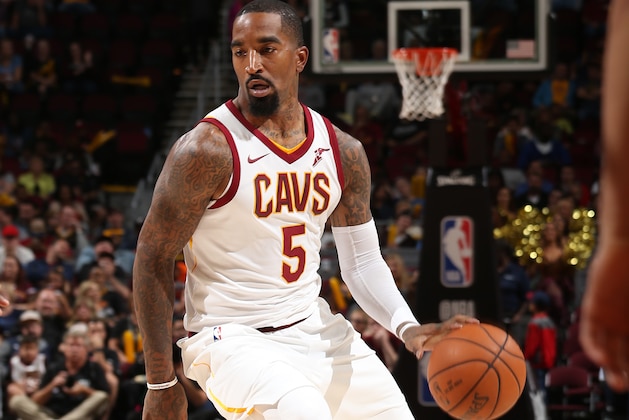 CLEVELAND, OH - OCTOBER 10: JR Smith #5 of the Cleveland Cavaliers handles the ball against the Chicago Bulls during a preseason game on October 10, 2017 at Quicken Loans Arena in Cleveland, Ohio. NOTE TO USER: User expressly acknowledges and agrees that, by downloading and/or using this Photograph, user is consenting to the terms and conditions of the Getty Images License Agreement. Mandatory Copyright Notice: Copyright 2017 NBAE (Photo by Gary Dineen/NBAE via Getty Images)