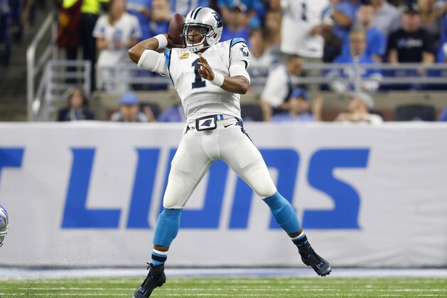 Carolina Panthers quarterback Cam Newton (1) throws against the Detroit Lions during an NFL football game in Detroit, Sunday, Oct. 8, 2017. (AP Photo/Paul Sancya)