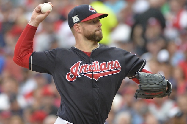 Cleveland Indians starting pitcher Corey Kluber delivers against the New York Yankees during Game 2 of baseball's American League Division Series, Friday, Oct. 6, 2017, in Cleveland. (AP Photo/Phil Long)