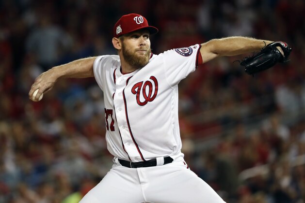 Washington Nationals pitcher Stephen Strasburg throws against the Chicago Cubs in the seventh inning of Game 1 of baseball's National League Division Series, at Nationals Park, Friday, Oct. 6, 2017, in Washington. (AP Photo/Pablo Martinez Monsivais)