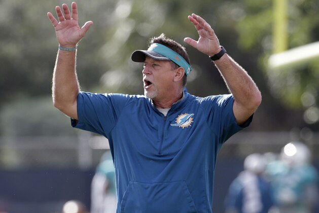 FILE - In this Aug. 16, 2016, file photo, Miami Dolphins offensive line coach Chris Foerster watches as players do drills during practice at NFL football training camp in Davie, Fla. The NFL and the Miami Dolphins say they're aware of a social media video allegedly showing offensive line coach Chris Foerster snorting a white powdery substance. NFL spokesman Brian McCarthy said Monday, Oct. 9, 2017, the league will review the 56-second video, which was posted on Facebook and Twitter. (AP Photo/Lynne Sladky, File) FILE - In this Aug. 16, 2016, file photo, Miami Dolphins offensive line coach Chris Foerster watches as players do drills during practice at NFL football training camp in Davie, Fla. The NFL and the Miami Dolphins say they're aware of a social media video allegedly showing offensive line coach Chris Foerster snorting a white powdery substance. NFL spokesman Brian McCarthy said Monday, Oct. 9, 2017, the league will review the 56-second video, which was posted on Facebook and Twitter. (AP Photo/Lynne Sladky, File)