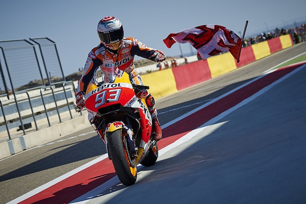 ALCANIZ, SPAIN - SEPTEMBER 24:  Marc Marquez of Spain and Repsol Honda Team celebrates victory after the MotoGP of Aragon at Motorland Aragon Circuit on September 24, 2017 in Alcaniz, Spain.  (Photo by fotopress/Getty Images)