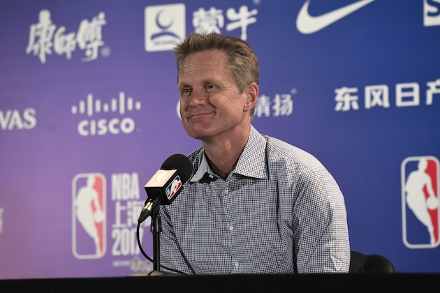 SHANGHAI, CHINA - OCTOBER 8: Head Coach Steve Kerr of the Golden State Warriors speaks to the media after the game against the Minnesota Timberwolves as part of the 2017 Global Games - China on October 8, 2017 at the Mercedes Benz Arena in Shanghai, China. NOTE TO USER: User expressly acknowledges and agrees that, by downloading and/or using this photograph, user is consenting to the terms and conditions of the Getty Images License Agreement.  Mandatory Copyright Notice: Copyright 2017 NBAE (Photo by David Dow/NBAE via Getty Images)