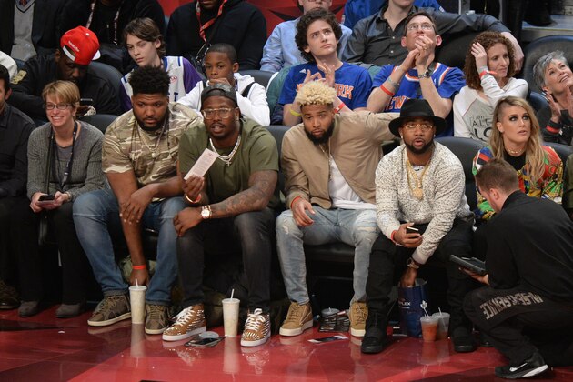 TORONTO, CANADA - FEBRUARY 14:  NFL players Von MIller and Odell Beckham Jr. attend the 2016 NBA All-Star Game on February 14, 2016 at the Air Canada Centre in Toronto, Ontario, Canada.  NOTE TO USER: User expressly acknowledges and agrees that, by downloading and or using this Photograph, user is consenting to the terms and conditions of the Getty Images License Agreement.  Mandatory Copyright Notice: Copyright 2016 NBAE  (Photo by Garrett Ellwood/NBAE via Getty Images)