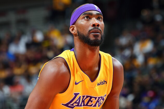 ANAHEIM, CA - SEPTEMBER 30: Corey Brewer #3 of the Los Angeles Lakers shoots a free throw during the game against the Minnesota Timberwolves during the preseason game on September 30, 2017 at Honda Center in Anaheim, California. NOTE TO USER: User expressly acknowledges and agrees that, by downloading and/or using this Photograph, user is consenting to the terms and conditions of the Getty Images License Agreement. Mandatory Copyright Notice: Copyright 2017 NBAE (Photo by Andrew D. Bernstein/NBAE via Getty Images)