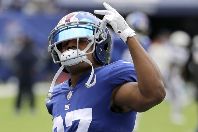 New York Giants wide receiver Sterling Shepard gestures prior to an NFL football game against the Los Angeles Chargers, Sunday, Oct. 8, 2017, in East Rutherford, N.J. (AP Photo/Seth Wenig)