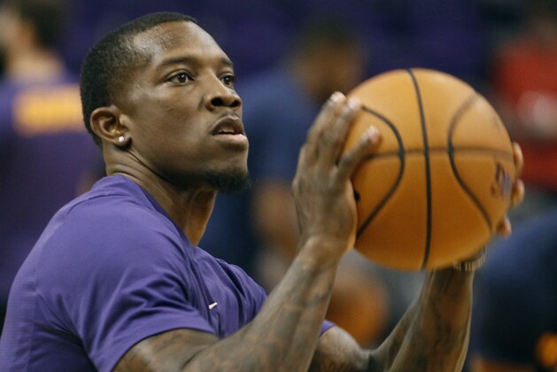 Phoenix Suns guard Eric Bledsoe shoots the ball during pre-game warm up before a preseason NBA basketball game against the Utah Jazz Monday, Oct. 9, 2017, in Phoenix. The Jazz defeated the Suns 120-102. (AP Photo/Ralph Freso)