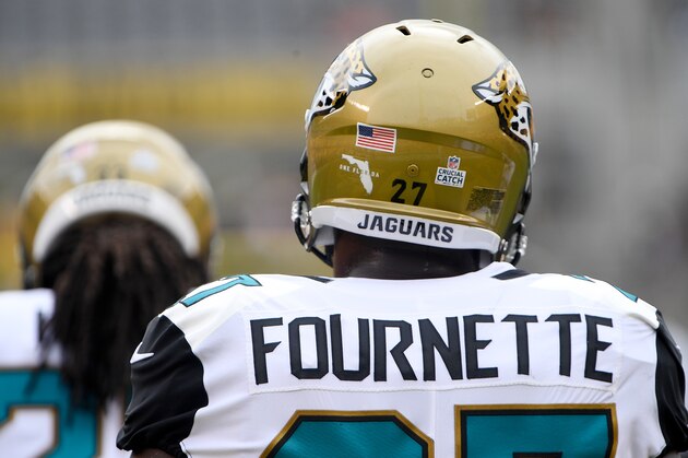 PITTSBURGH, PA - OCTOBER 08: A detailed view of the helmet worn by Leonard Fournette #27 of the Jacksonville Jaguars with One Florida and Crucial Catch stickers before the game against the Pittsburgh Steelers at Heinz Field on October 8, 2017 in Pittsburgh, Pennsylvania. (Photo by Justin Berl/Getty Images)