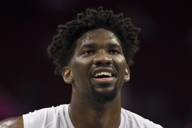 PHILADELPHIA, PA - OCTOBER 06: Joel Embiid #21 of the Philadelphia 76ers looks on prior to the game against the Boston Celtics at the Wells Fargo Center on October 6, 2017 in Philadelphia, Pennsylvania. NOTE TO USER: User expressly acknowledges and agrees that, by downloading and or using this photograph, User is consenting to the terms and conditions of the Getty Images License Agreement (Photo by Mitchell Leff/Getty Images) PHILADELPHIA, PA - OCTOBER 06: Joel Embiid #21 of the Philadelphia 76ers looks on prior to the game against the Boston Celtics at the Wells Fargo Center on October 6, 2017 in Philadelphia, Pennsylvania. NOTE TO USER: User expressly acknowledges and agrees that, by downloading and or using this photograph, User is consenting to the terms and conditions of the Getty Images License Agreement (Photo by Mitchell Leff/Getty Images)