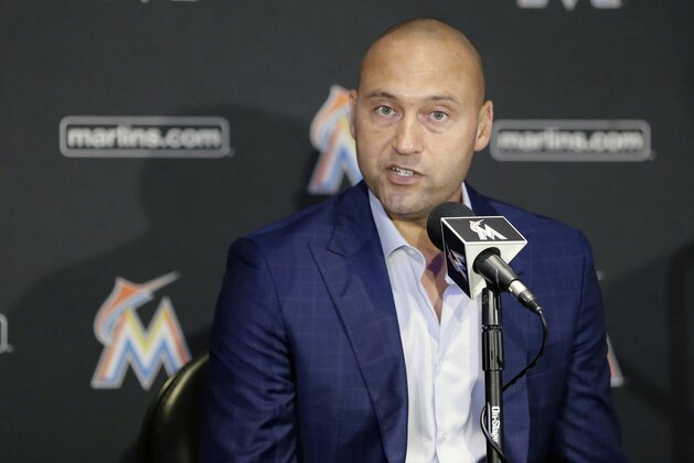 Miami Marlins owner Derek Jeter talks to reporters during a news conference, Tuesday, Oct. 3, 2017, in Miami. Jeter says he will help develop a winning culture with the Marlins that will emphasize hard work, discipline and no excuses. (AP Photo/Alan Diaz) Miami Marlins owner Derek Jeter talks to reporters during a news conference, Tuesday, Oct. 3, 2017, in Miami. Jeter says he will help develop a winning culture with the Marlins that will emphasize hard work, discipline and no excuses. (AP Photo/Alan Diaz)