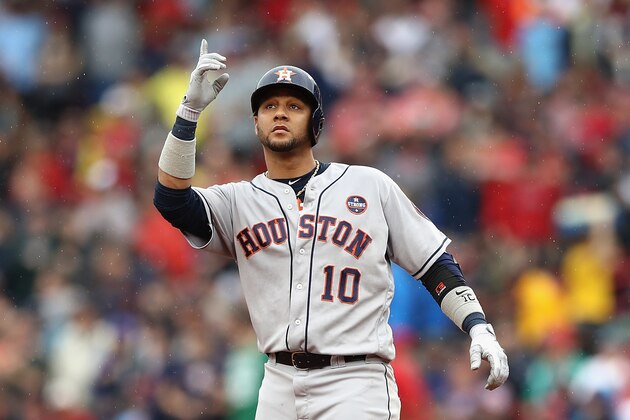 BOSTON, MA - OCTOBER 09:  Yuli Gurriel #10 of the Houston Astros reacts after hitting a double in the third inning against the Boston Red Sox during game four of the American League Division Series at Fenway Park on October 9, 2017 in Boston, Massachusetts.  (Photo by Elsa/Getty Images)