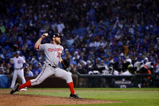 CHICAGO, IL - OCTOBER 11:  Stephen Strasburg #37 of the Washington Nationals pitches in the seventh inning during game four of the National League Division Series against the Chicago Cubs at Wrigley Field on October 11, 2017 in Chicago, Illinois.  (Photo by Jonathan Daniel/Getty Images)