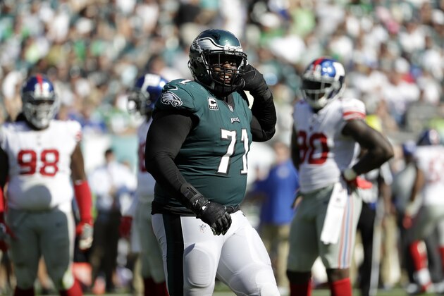 Philadelphia Eagles' Jason Peters during the second half of an NFL football game against the New York Giants, Sunday, Sept. 24, 2017, in Philadelphia. (AP Photo/Michael Perez)