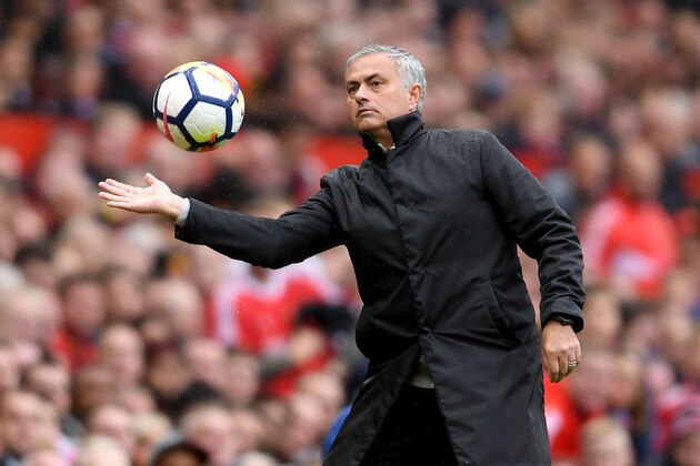 MANCHESTER, ENGLAND - SEPTEMBER 30:  Jose Mourinho, Manager of Manchester United handles the ball during the Premier League match between Manchester United and Crystal Palace at Old Trafford on September 30, 2017 in Manchester, England.  (Photo by Laurence Griffiths/Getty Images)