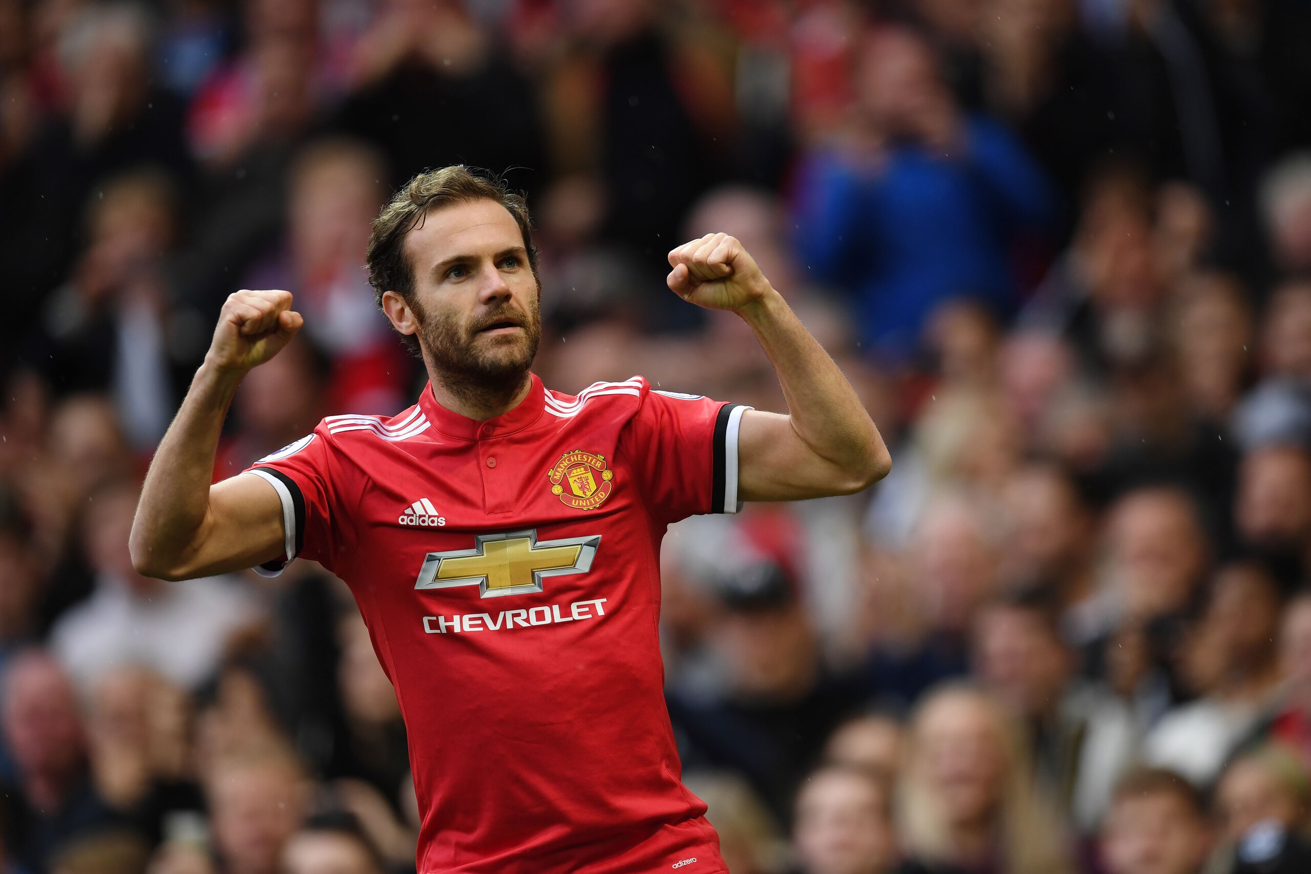 Manchester United's Spanish midfielder Juan Mata celebrates scoring the team's first goal during the English Premier League football match between Manchester United and Crystal Palace at Old Trafford in Manchester, north west England, on September 30, 2017. / AFP PHOTO / Paul ELLIS / RESTRICTED TO EDITORIAL USE. No use with unauthorized audio, video, data, fixture lists, club/league logos or 'live' services. Online in-match use limited to 75 images, no video emulation. No use in betting, games or single club/league/player publications. / (Photo credit should read PAUL ELLIS/AFP/Getty Images) Manchester United's Spanish midfielder Juan Mata celebrates scoring the team's first goal during the English Premier League football match between Manchester United and Crystal Palace at Old Trafford in Manchester, north west England, on September 30, 2017. / AFP PHOTO / Paul ELLIS / RESTRICTED TO EDITORIAL USE. No use with unauthorized audio, video, data, fixture lists, club/league logos or 'live' services. Online in-match use limited to 75 images, no video emulation. No use in betting, games or single club/league/player publications. / (Photo credit should read PAUL ELLIS/AFP/Getty Images)