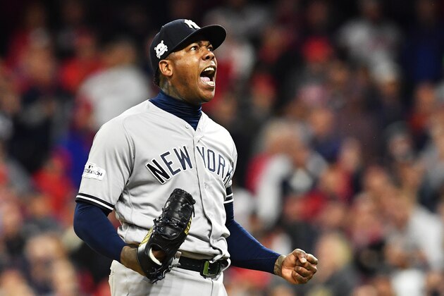 CLEVELAND, OH - OCTOBER 11:  Aroldis Chapman #54 of the New York Yankees celebrates their 5 to 2 win over the Cleveland Indians in Game Five of the American League Divisional Series at Progressive Field on October 11, 2017 in Cleveland, Ohio.  (Photo by Jason Miller/Getty Images)