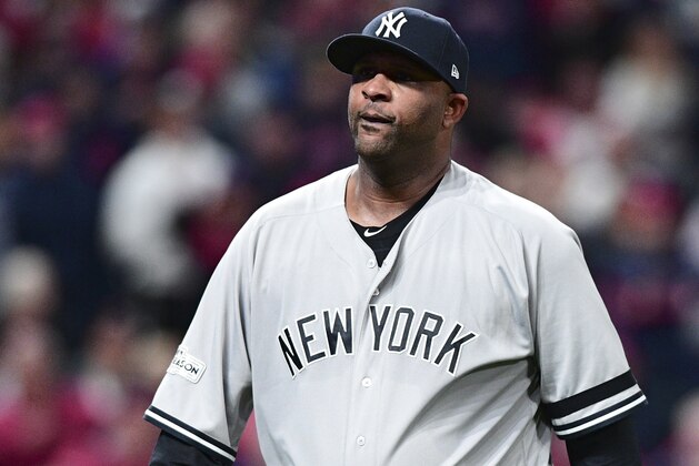 New York Yankees starting pitcher CC Sabathia walks back to the dugout in the fourth inning of Game 5 of baseball's American League Division Series against the Cleveland Indians, Wednesday, Oct. 11, 2017, in Cleveland. (AP Photo/David Dermer) New York Yankees starting pitcher CC Sabathia walks back to the dugout in the fourth inning of Game 5 of baseball's American League Division Series against the Cleveland Indians, Wednesday, Oct. 11, 2017, in Cleveland. (AP Photo/David Dermer)
