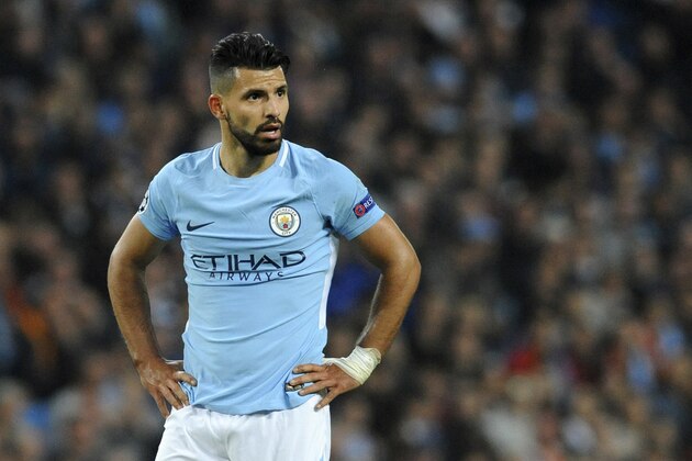 FILE - In this Tuesday, Sept. 26, 2017 file photo Manchester City's Sergio Aguero looks around the pitch during the Champions League Group F soccer match between Manchester City and Shakhtar Donetsk at Etihad stadium, Manchester, England. Manchester City striker Sergio Aguero has been injured in a road accident in the Netherlands, the English Premier League club said Friday Sept. 29. (AP Photo/Rui Vieira, File)