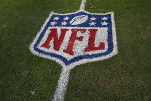 The NFL logo is painted on Hard Rock Stadium field, during the second half of an NFL football game between the Miami Dolphins and the Tennessee Titans, Sunday, Oct. 8, 2017, in Miami Gardens, Fla. (AP Photo/Wilfredo Lee)