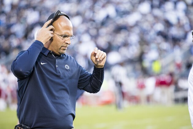 UNIVERSITY PARK, PA - SEPTEMBER 30:  Head coach James Franklin of the Penn State Nittany Lions walks the sideline during the second half against the Indiana Hoosiers on September 30, 2017 at Beaver Stadium in University Park, Pennsylvania. Penn State defeats Indiana 45-14.  (Photo by Brett Carlsen/Getty Images)