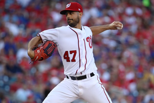 WASHINGTON, DC - OCTOBER 07: Gio Gonzalez #47 of the Washington Nationals delivers a pitch against the Chicago Cubs in the first inning during game two of the National League Division Series at Nationals Park on October 7, 2017 in Washington, DC. (Photo by Win McNamee/Getty Images)
