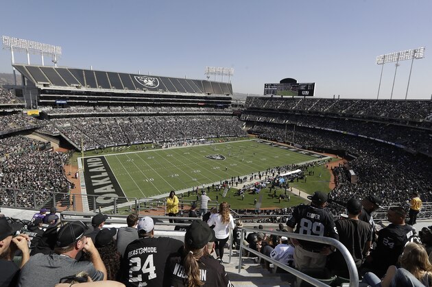Fans watch from a general view at Oakland Alameda County Coliseum during the first half of an NFL football game between the Oakland Raiders and the Baltimore Ravens in Oakland, Calif., Sunday, Oct. 8, 2017. (AP Photo/Marcio Jose Sanchez)