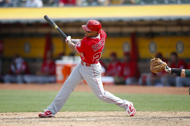 OAKLAND, CA - SEPTEMBER 6: Ben Revere #25 of the Los Angeles Angels of Anaheim bats during the game against the Oakland Athletics at the Oakland Alameda Coliseum on September 6, 2017 in Oakland, California. The Athletics defeated the Angels 3-1. (Photo by Michael Zagaris/Oakland Athletics/Getty Images)