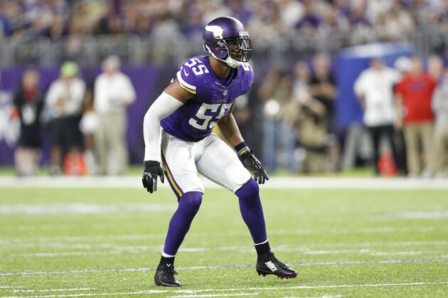 MINNEAPOLIS, MN - OCTOBER 03: Anthony Barr #55 of the Minnesota Vikings in action against the New York Giants during the game at U.S. Bank Stadium on October 3, 2016 in Minneapolis, Minnesota. The Vikings defeated the Giants 24-10. (Photo by Joe Robbins/Getty Images)
