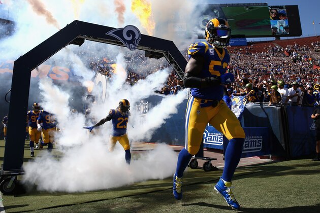LOS ANGELES, CA - OCTOBER 08:   Nickell Robey-Coleman #23 and  Alec Ogletree #52 of the Los Angeles Rams take the field prior to a game against the Seattle Seahawks   at Los Angeles Memorial Coliseum on October 8, 2017 in Los Angeles, California.  (Photo by Sean M. Haffey/Getty Images)
