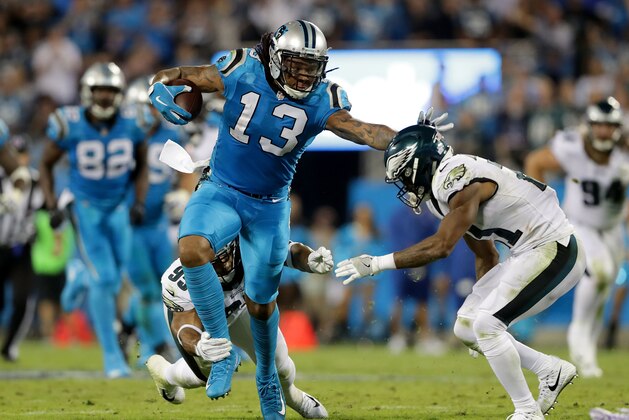 CHARLOTTE, NC - OCTOBER 12:  Kelvin Benjamin #13 of the Carolina Panthers runs the ball against Patrick Robinson #21 of the Philadelphia Eagles in the third quarter during their game at Bank of America Stadium on October 12, 2017 in Charlotte, North Carolina.  (Photo by Streeter Lecka/Getty Images)