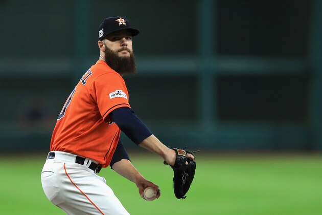 HOUSTON, TX - OCTOBER 06:  Dallas Keuchel #60 of the Houston Astros throws a pitch in the first inning against the Boston Red Sox during game two of the American League Division Series at Minute Maid Park on October 6, 2017 in Houston, Texas.  (Photo by Ronald Martinez/Getty Images)