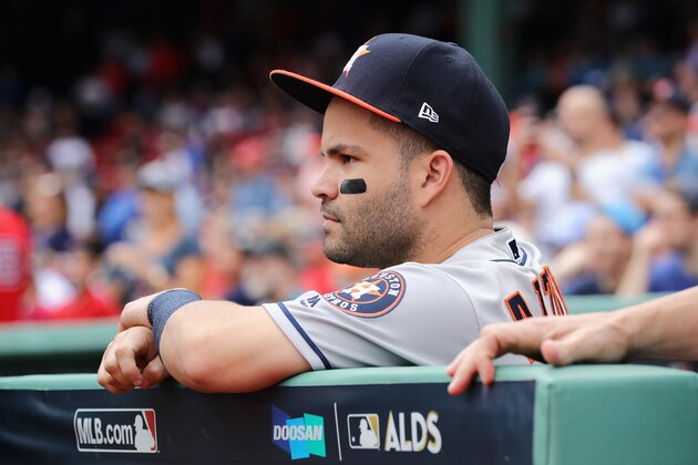 BOSTON, MA - OCTOBER 08:  Jose Altuve #27 of the Houston Astros looks on before game three of the American League Division Series between the Houston Astros and the Boston Red Sox at Fenway Park on October 8, 2017 in Boston, Massachusetts.  (Photo by Elsa/Getty Images)