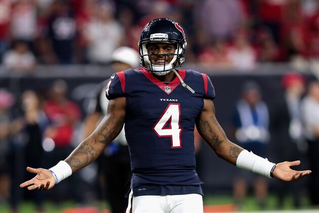 HOUSTON, TX - OCTOBER 08:  Deshaun Watson #4 of the Houston Texans questions a no call from the official on a pass play he thought the receiver was interfered with against the Kansas City Chiefs at NRG Stadium on October 8, 2017 in Houston, Texas.  (Photo by Bob Levey/Getty Images)