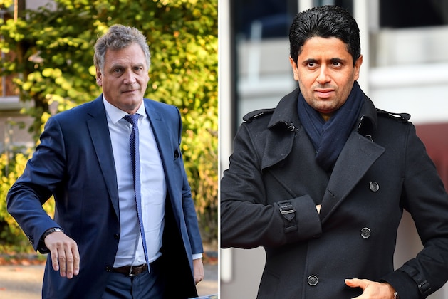 (FILES) This combination of file images created on October 13, 2017, shows (L) French former FIFA Secretary General Jerome Valcke as he arrives at the Court of Arbitration for Sport prior to his appeal over his 10 year ban from football on October 11, 2017 in Lausanne and (R) Paris Saint-Germain's Qatari president Nasser Al-Khelaïfi as he arrives for the French L1 football match between Paris Saint-Germain and Nancy at the Parc des Princes stadium in Paris on March 4, 2017.

Switzerland has opened a criminal probe targeting Nasser Al-Khelaifi, the president of Paris Saint-Germain, and FIFA's former secretary general Jerome Valcke, over alleged corruption in the sale of World Cup media rights. / AFP PHOTO / STF        (Photo credit should read STF/AFP/Getty Images)