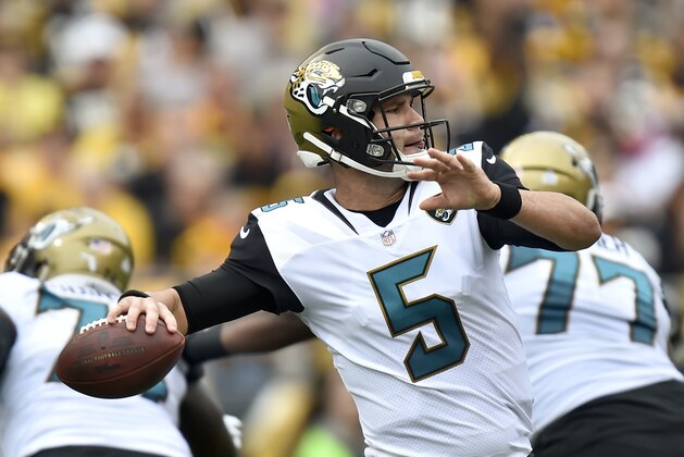 Jacksonville Jaguars quarterback Blake Bortles (5) plays in an NFL football game against the Pittsburgh Steelers, Sunday, Oct. 8, 2017, in Pittsburgh. (AP Photo/Don Wright)