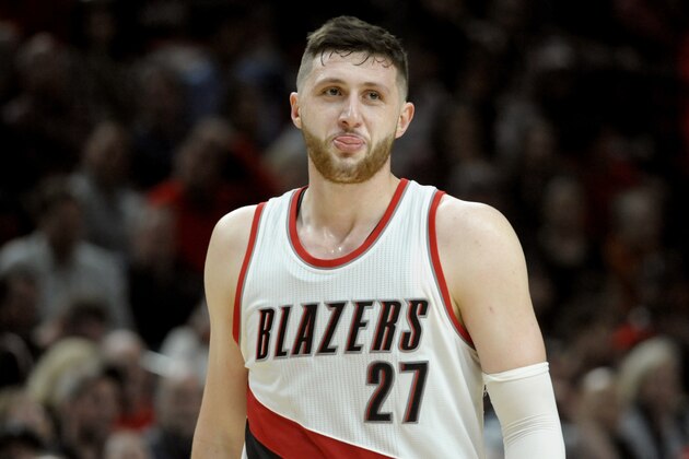 CORRECTS TO CAREER-HIGH 33 POINTS Portland Trail Blazers center Jusuf Nurkic sticks his tongue out as he looks over at the Denver Nuggets bench during the second half of an NBA basketball game in Portland, Ore., Tuesday, March 28, 2017. Nurkic had a career-high 33 points with 16 rebounds against his former team. The Blazers won 122-113. (AP Photo/Steve Dykes)