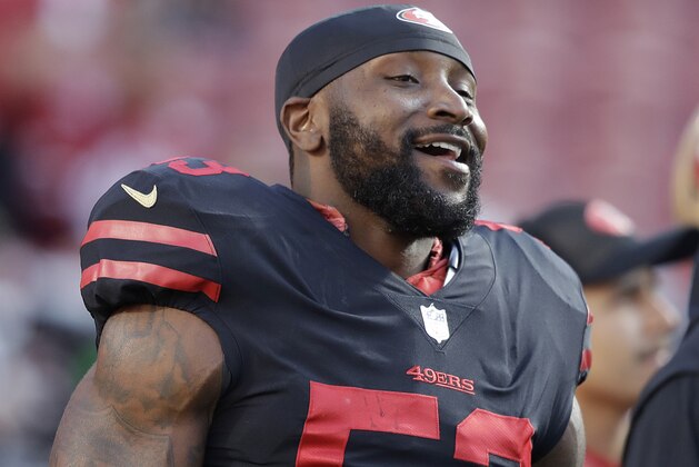 San Francisco 49ers linebacker NaVorro Bowman (53) warms up before an NFL football game against the Los Angeles Rams in Santa Clara, Calif., Thursday, Sept. 21, 2017. (AP Photo/Marcio Jose Sanchez)