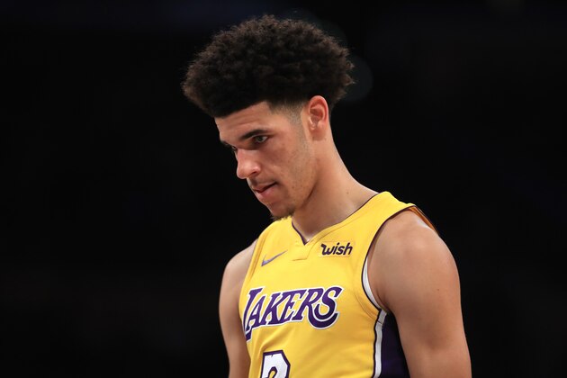 LOS ANGELES, CA - OCTOBER 02:  Lonzo Ball #2 of the Los Angeles Lakers looks on during the first half of a preseason game against the Denver Nuggets at Staples Center on October 2, 2017 in Los Angeles, California.  NOTE TO USER: User expressly acknowledges and agrees that, by downloading and or using this Photograph, user is consenting to the terms and conditions of the Getty Images License Agreement  (Photo by Sean M. Haffey/Getty Images)