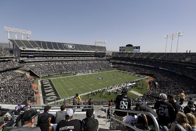 Fans watch from a general view at Oakland Alameda County Coliseum during the first half of an NFL football game between the Oakland Raiders and the Baltimore Ravens in Oakland, Calif., Sunday, Oct. 8, 2017. (AP Photo/Marcio Jose Sanchez)