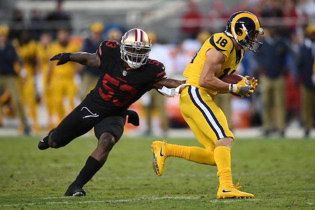 SANTA CLARA, CA - SEPTEMBER 21:  Cooper Kupp #18 of the Los Angeles Rams is tackled by NaVorro Bowman #53 of the San Francisco 49ers during their NFL game at Levi's Stadium on September 21, 2017 in Santa Clara, California.  (Photo by Thearon W. Henderson/Getty Images)