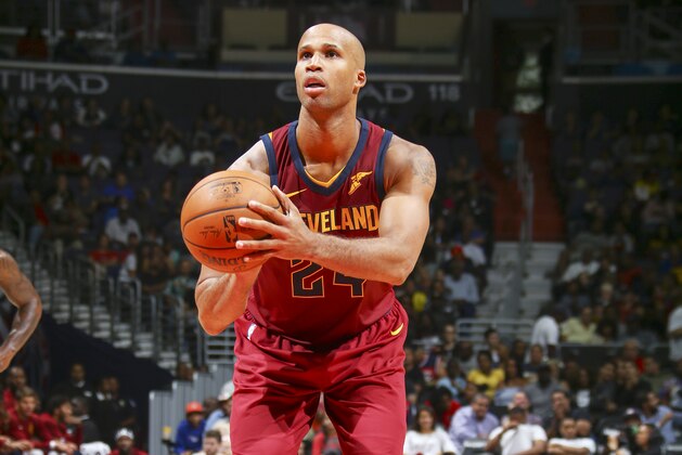 WASHINGTON, DC - OCTOBER 8:  Richard Jefferson #24 of the Cleveland Cavaliers shoots the ball during the preseason game against the Washington Wizards on October 8, 2017 at Capital One Arena in Washington, DC. NOTE TO USER: User expressly acknowledges and agrees that, by downloading and or using this Photograph, user is consenting to the terms and conditions of the Getty Images License Agreement. Mandatory Copyright Notice: Copyright 2017 NBAE (Photo by Ned Dishman/NBAE via Getty Images)