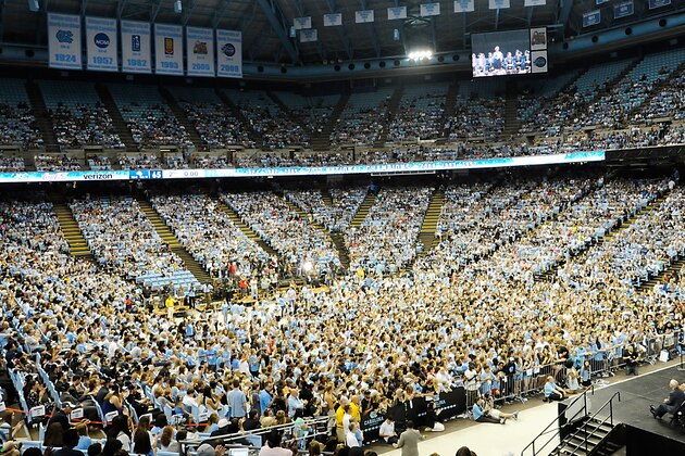 CHAPEL HILL, NC- APRIL 4:  North Carolina Tar Heels fans fill the Dean Smith Center during the welcome-home reception for the NCAA men's basketball team on April 4, 2017 in Chapel Hill, North Carolina. The Tar Heels defeated the Gonzaga Bulldogs 71-65 yesterday to win the national championship.  (Photo by Sara D. Davis/Getty Images)