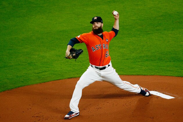 HOUSTON, TX - OCTOBER 13:  Dallas Keuchel #60 of the Houston Astros pitches in the first inning against the New York Yankees during game one of the American League Championship Series at Minute Maid Park on October 13, 2017 in Houston, Texas.  (Photo by Bob Levey/Getty Images)