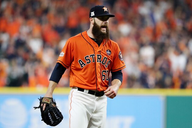 HOUSTON, TX - OCTOBER 13:  Dallas Keuchel #60 of the Houston Astros reacts in the third inning against the New York Yankees during game one of the American League Championship Series at Minute Maid Park on October 13, 2017 in Houston, Texas.  (Photo by Elsa/Getty Images)