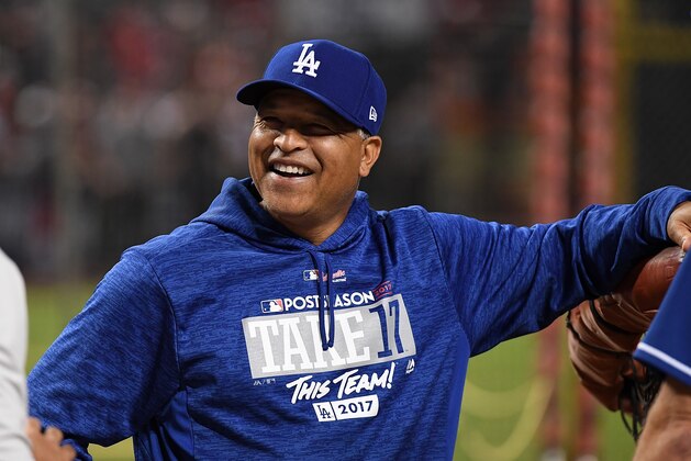 PHOENIX, AZ - OCTOBER 09:  Manager Dave Roberts #30 of the Los Angeles Dodgers prepares for game three of the National League Divisional Series against the Arizona Diamondbacks at Chase Field on October 9, 2017 in Phoenix, Arizona.  (Photo by Norm Hall/Getty Images)