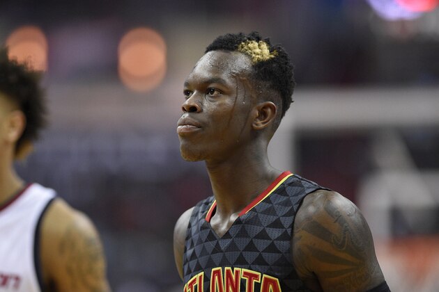 Atlanta Hawks guard Dennis Schroder, of Germany, looks on during the first half in Game 2 of a first-round NBA basketball playoff series against the Washington Wizards, Wednesday, April 19, 2017, in Washington. (AP Photo/Nick Wass)