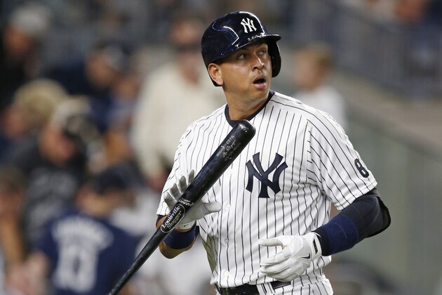 FILE - In this Aug. 12, 2016 file photo, New York Yankees designated hitter Alex Rodriguez reacts after striking out swinging against Tampa Bay Rays at Yankee Stadium in New York. On his first day as a New York Yankees spring training guest instructor, 41-year-old Alex Rodriguez maintained he will not attempt a comeback as a player, Tuesday, Feb. 21, 2017.   (AP Photo/Kathy Willens)