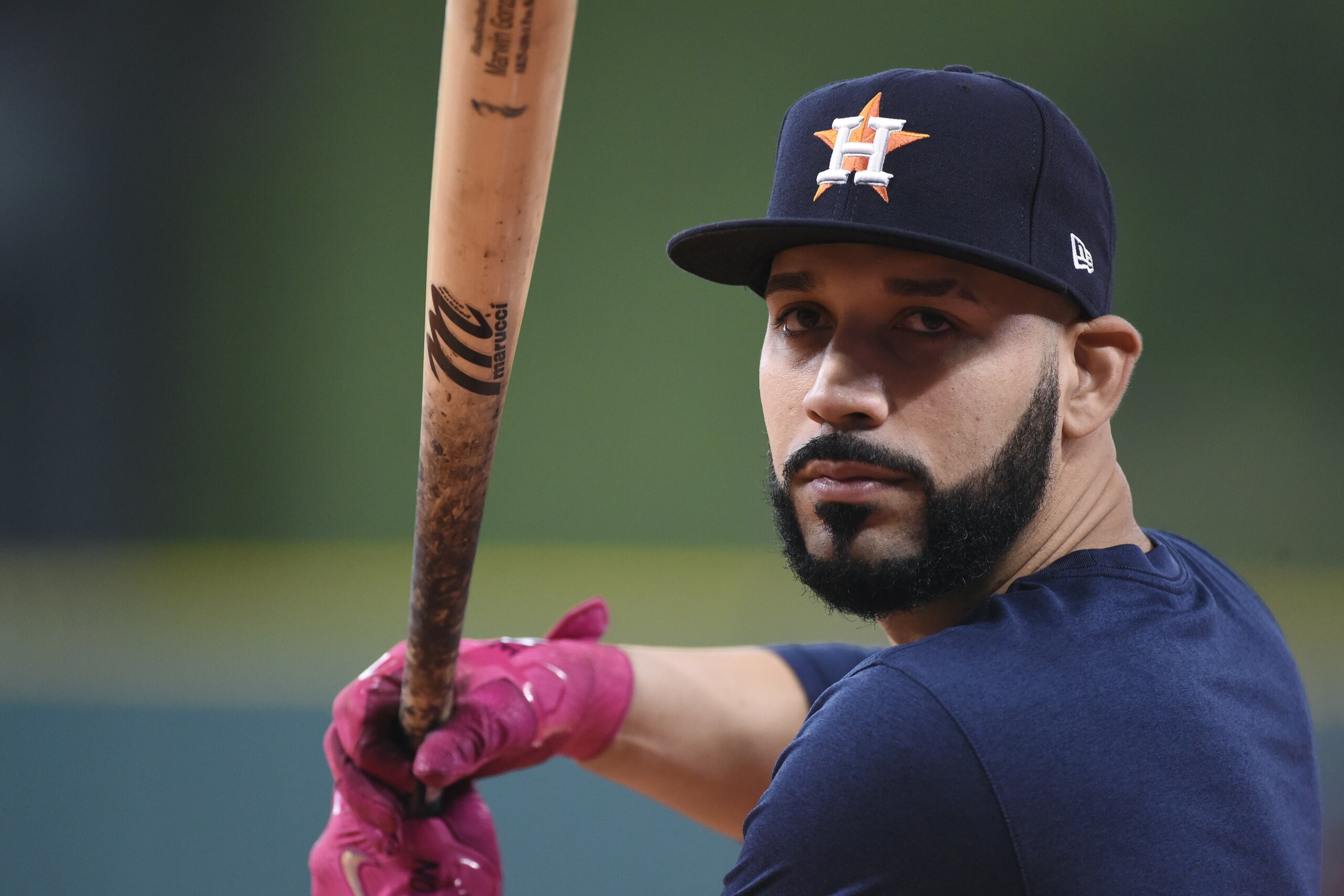 Houston Astros left fielder Marwin Gonzalez, right, takes batting practice before Game 1 of baseball's American League Division Series against the Boston Red Sox, Thursday, Oct. 5, 2017, in Houston. (AP Photo/Eric Christian Smith)