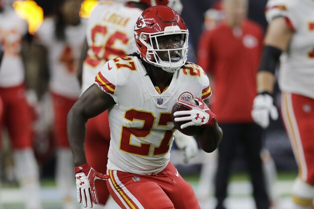 Kansas City Chiefs running back Kareem Hunt (27) before an NFL football game against the Houston Texans, Sunday, Oct. 8, 2017, in Houston. (AP Photo/David J. Phillip)