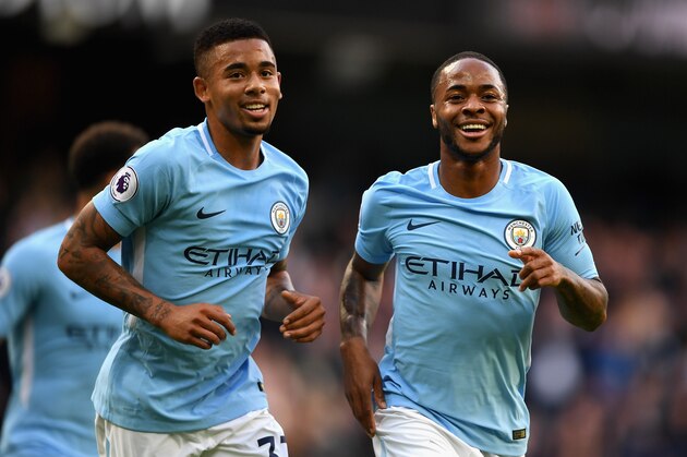 MANCHESTER, ENGLAND - OCTOBER 14:  Raheem Sterling of Manchester City celebrates scoring his sides second goal with Gabriel Jesus of Manchester City during the Premier League match between Manchester City and Stoke City at Etihad Stadium on October 14, 2017 in Manchester, England.  (Photo by Laurence Griffiths/Getty Images)